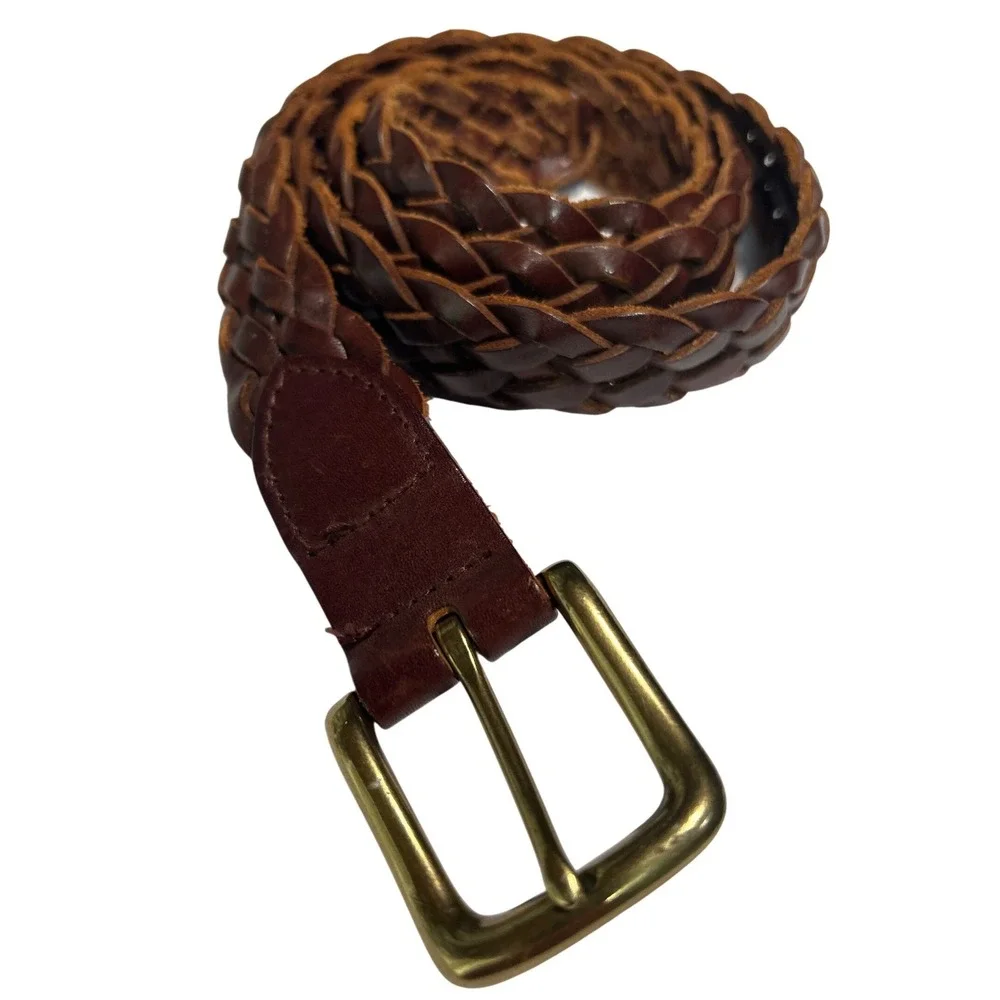 VTG Cherokee Brown Braided Genuine Leather Belt Brass Buckle Medium Up to 38